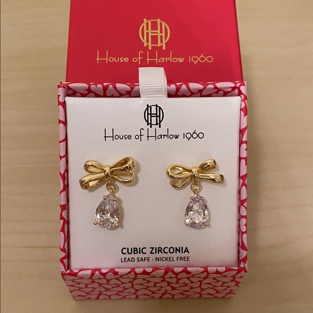 House of Harlow 1960 Chic Gold Bow Drop Earrings w/ White Cubic Zirconia Stone